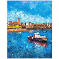 Artery8 North England Coastal Town Fishing Boats Painting Wall Art Print in Blue | Size: W18" x H24"
