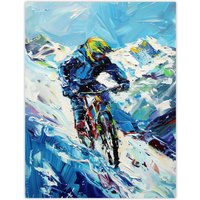 Artery8 Snow Mountain Biker Snowbike Race Sport Painting Wall Art Print in Blue | Size: W12" x H16"