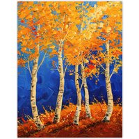 Artery8 Bright Autumn Birch Trees Forest Oil Painting Wall Art Print in Orange | Size: W18" x H24"