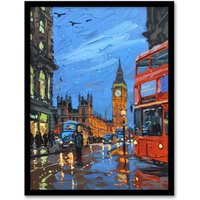 Artery8 Big Ben London on a Rainy Day Painting Iconic Framed Art Print in Blue | Size: A4