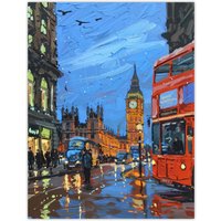 Artery8 Big Ben London on a Rainy Day Painting Iconic Wall Art Print in Blue | Size: W12" x H16"