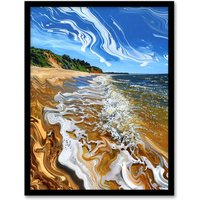 Artery8 West Bay Dorset Abstract Fluid Trippy Beach Framed Art Print in Blue | Size: A4