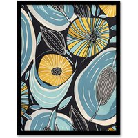 Artery8 Abstract Blue & Yellow Flowers Seeds Design Framed Art Print | Size: A4
