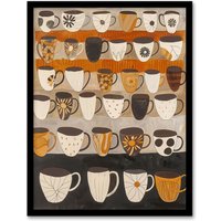 Artery8 Rustic Earthy Tea Coffee Mugs Folk Art Retro Framed Art Print in Brown | Size: A4