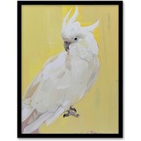 Artery8 White Cockatoo Parrot Bird on Yellow Oil Painting Framed Art Print | Size: A4