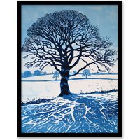 Artery8 Winter Oak Tree Silhouette Snow Field Landscape Framed Art Print in Blue | Size: A4