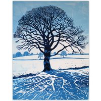 Artery8 Winter Oak Tree Silhouette Snow Field Landscape Wall Art Print in Blue | Size: W24" x H32"