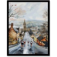 Artery8 Cyclists in Misty Yorkshire Town Street Painting Framed Art Print in Grey | Size: A4
