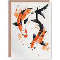 Artery8 Greeting Card Two Japanese Koi Carp Fish Ink Splat Watercolour in Orange