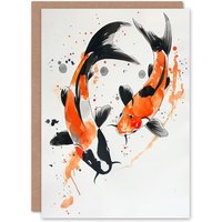 Artery8 Greeting Card Two Koi Carp Japanese Fish Bright Watercolour Birthday in Orange