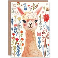 Artery8 Greeting Card Cute Happy Alpaca Bright Floral Watercolour Birthday