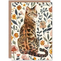 Artery8 Greeting Card Cat Lover Curious Bengal in Autumn Wildflowers Birthday