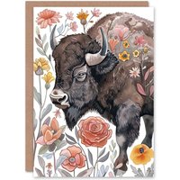 Artery8 Greeting Card Stylised Majestic Bison in Spring Wildflowers Birthday in Brown