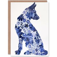 Artery8 Greeting Card Blue German Shepherd Floral Pattern Watercolour Birthday