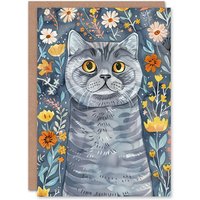 Artery8 Greeting Card Cute Blue British Shorthair Cat Lover Floral Pet