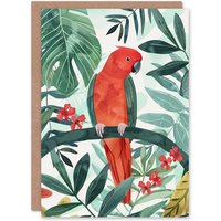 Artery8 Greeting Card Red Parakeet Bird in Tropical Jungle Watercolour in Green