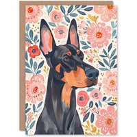 Artery8 Greeting Card Dog Lover Doberman Portrait Pink Floral Folk Art