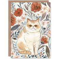 Artery8 Greeting Card Smiling Exotic Shorthair Cat Floral Watercolour Birthday