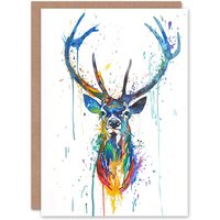 Artery8 Greeting Card Deer Stag Colourful Ink Splat Bright Portrait Birthday