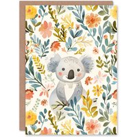 Artery8 Greeting Card Adorable Koala Bear in Floral Meadow Watercolour