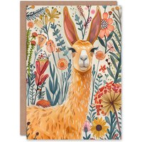 Artery8 Greeting Card Lady Llama with Colourful Flowers Watercolour Birthday