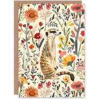 Artery8 Greeting Card Meerkat in Wild Flower Meadow Watercolour Spring