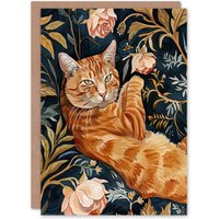 Artery8 Greeting Card Cat Lover Moggie Pet in Rose Garden Watercolour Birthday in Dark Blue