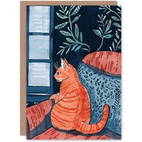 Artery8 Greeting Card Moggie Cat Lover Alone Time Melancholy Painting Birthday in Orange