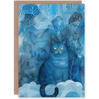 Artery8 Greeting Card Moggie Cat Lover Nocturnal Blue Dream Watercolour