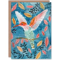 Artery8 Greeting Card Hummingbird Folk Art Pink Blue Orange Watercolour