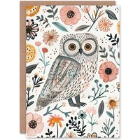 Artery8 Greeting Card Cute Tawny Owl with Flowers Bright Watercolour Birthday