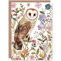 Artery8 Greeting Card Barn Owl Bird with Wildflowers Floral Watercolour