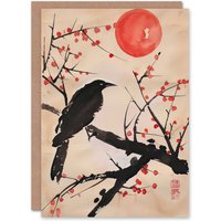 Artery8 Greeting Card Raven on Berry Tree Winter Sun Japanese Painting in Beige