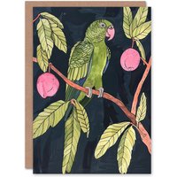 Artery8 Greeting Card Green Parakeet Parrot on Plum Fruit Tree Branch Birthday