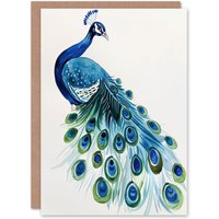 Artery8 Greeting Card Blue Peafowl Peacock Tail Feathers Watercolour Birthday
