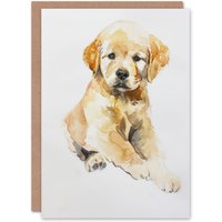 Artery8 Greeting Card Cute Golden Retriever Puppy Dog Lover Watercolour in Beige