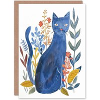 Artery8 Greeting Card Russian Blue Cat with Ornate Plants Watercolour Birthday
