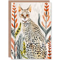Artery8 Greeting Card Savannah Cat Lover Boho Botanical Pet Portrait Birthday in Light Grey