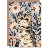 Artery8 Greeting Card Cat Lover Cute Scottish Fold with Pink Poppies Get Well in Blue