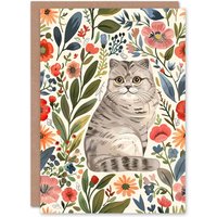 Artery8 Greeting Card Scottish Fold & Rustic Floral Pattern Cat Lover