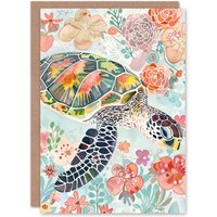 Artery8 Greeting Card Colourful Sea Turtle Marine Flowers Watercolour Birthday