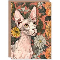 Artery8 Greeting Card Sphynx Cat Lover in Flower Garden Pet Portrait Birthday in Pink