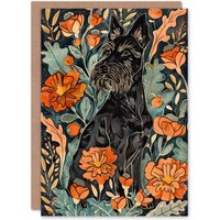 Artery8 Greeting Card Stylised Scottish Terrier Dog with Peony Flowers in Orange