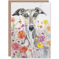 Artery8 Greeting Card Cute Whippet in Wildflowers Dog Lover Watercolour in Grey