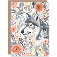 Artery8 Greeting Card Wolf & Wild Roses Floral Pastel Watercolour Birthday in Pink