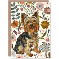 Artery8 Greeting Card Yorkshire Terrier Dog Lover Boho Floral Pattern Birthday in Brown