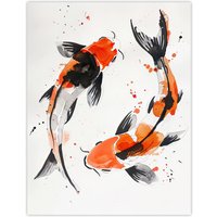 Artery8 Two Japanese Koi Carp Fish Bright Watercolour Wall Art Print in Orange | Size: W12" x H16"