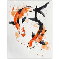 Artery8 Two Japanese Koi Carp Fish Ink Splat Watercolour Wall Art Print in Orange | Size: W12" x H16"