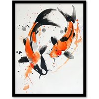 Artery8 Two Koi Carp Japanese Fish Bright Watercolour Framed Wall Art in Orange | Size: W12" x H16"