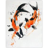 Artery8 Two Koi Carp Japanese Fish Bright Watercolour Wall Art Print in Orange | Size: W12" x H16"